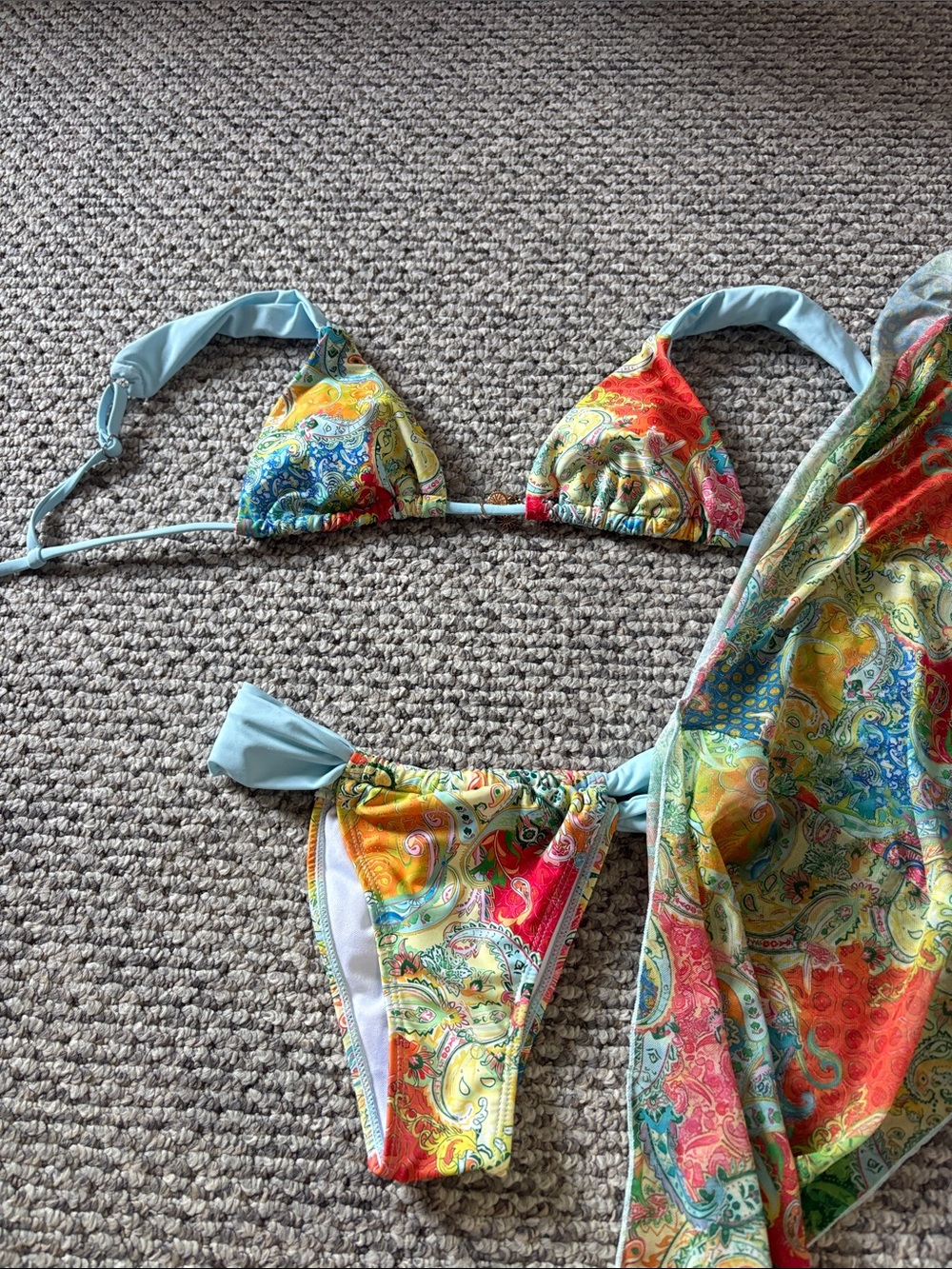 Kids Multicolor Paisley Bikini Set with Light Blue Trim